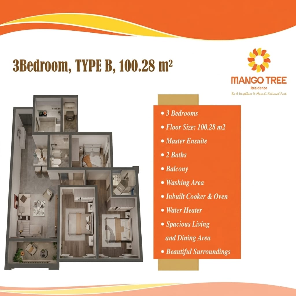 Type B three-bedroom apartment floor plan at Mango Tree Residence, Syokimau